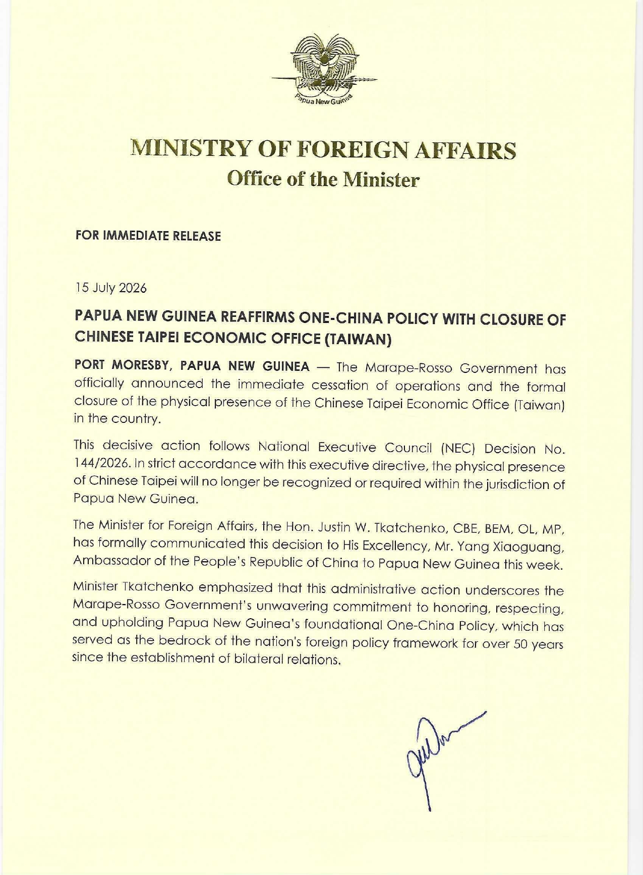 FOR IMMEDIATE RELEASE PNG REAFFIRMS ONE CHINA POLICY WITH CLOSURE OF CHINESE TAIPEI ECONOMIC OFFICE (TAIWAN) 150726_0001_page-0001.jpg